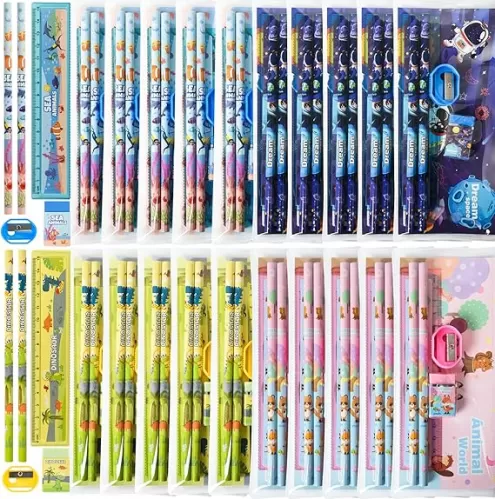 24 Sets Back to School Gifts Cute Stationery Set Back to School Supplies First Day of School Party Favors Including Pencils Eraser Ruler Sharpeners Bags for Classroom Rewards