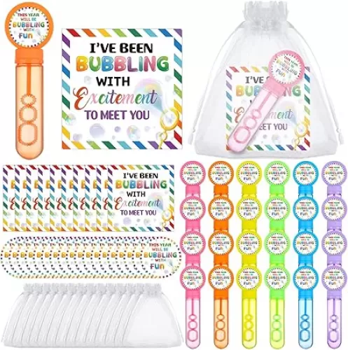24 Sets Back to School Gifts for Students Include 24pcs Bubble Wands with Stickers Welcome Card 24 Organza Bags Bubble Party Favors Party Classroom Goodie Bag Students Classroom Gift from Teacher