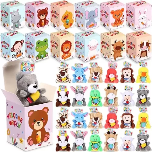 24 Sets Back to School Gifts for students Mini Animal Plush Toy with Gift Boxes Small Stuffed Animal with Hat Set for First Day of School Party Favor Students Classroom Exchange Prizes