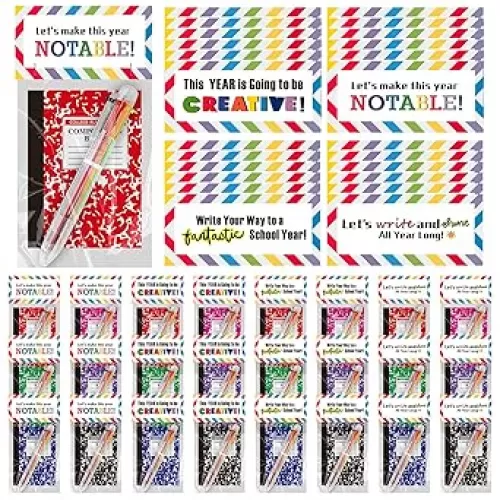 24 Sets Back to School Supplies Kit Colorful Mini Notebooks Ballpoint Pens 6 in 1 Multicolor Retractable Ballpoint Pens Journals with Inspirational Cards for First Day Student Classroom Prize School Office Supplies