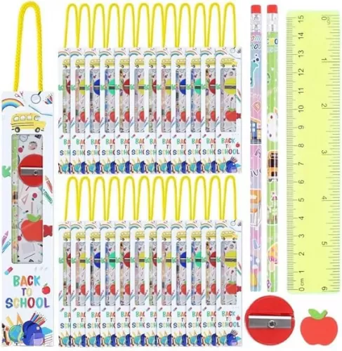 24 Sets Welcome Back to School Supplies Gift Kids First Day of School Stationery Set Including Pencils Eraser Ruler Sharpeners with boxes for Students Classroom Rewards Prizes Bulk 4 in 1 (mixcolor)