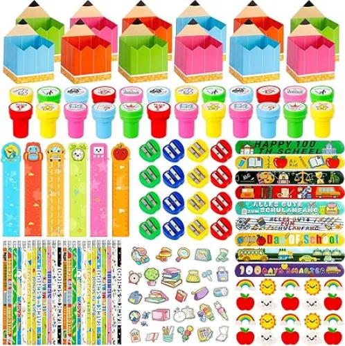 244 Pcs Back to School Stationery Set, First Day of School Gift Pencil Box Eraser Stickers Classroom Gifts Students Party Exchange Gifts Back to School Supplies