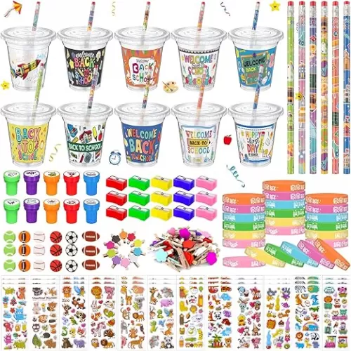 270 Pcs/30 Set Back to School Gifts Stationery First Day of School Cup Pencil Stamp Silicone Bracelet Sticker Pencil Sharpener Eraser Small Clip for Students Goodie Bag Stuffers Classroom Party Favors