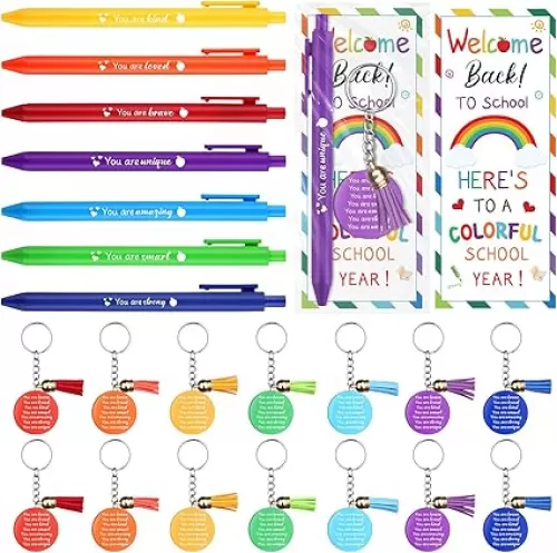28 Sets Back to School Student Gift Includes 7 Colors Ballpoint Pens Keychains Greeting Cards and Bags First Day of School Gift for Classroom Teacher Rewards Prize Gifts Goodie Bag Stuffers