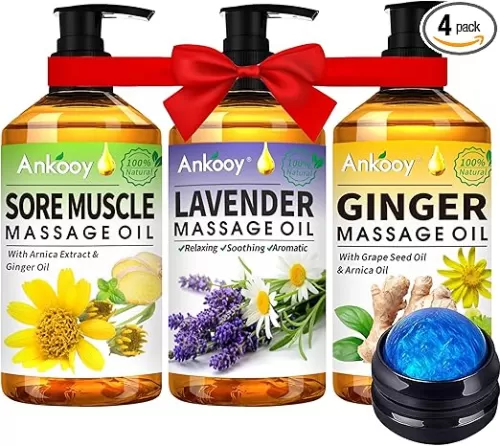 3 Pack Massage Oil for Massage Therapy, Sore Muscle Arnica Oil & Relaxing Lavender Oil & Ginger Oil Lymphatic Drainage & Massage Ball, Lymphatic Drainage Massager Body Oil, Massage Kit Gifts for Women