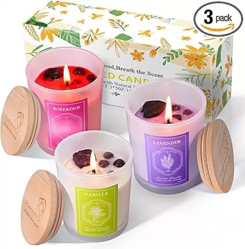 3 Soy Scented Candles for Women- 15OZ Candles for Home Scented with Crystals, Lavender/Vanilla/Rose Aromatherapy Candle Set for Bithday Gifts, Mother