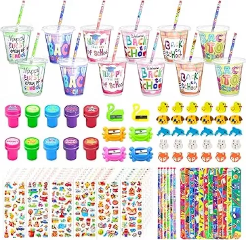 30 Set Back to School Stationery Gifts, First Day of School Decoration Include Cup, Pencil, Stamp, Sticker, Slap Bracelets, Sharpener, Eraser, lids, Card, Welcome to School Party for Students