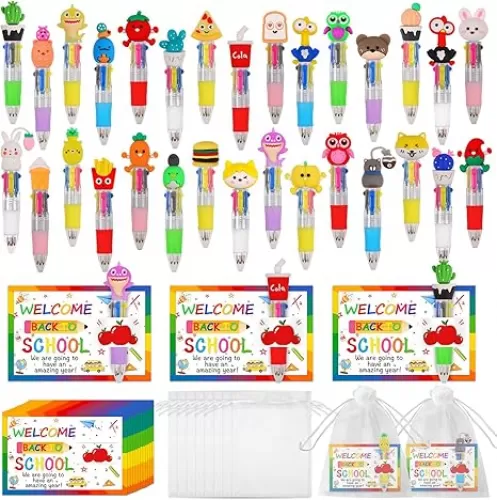 30 Set Cute Multicolor Pens in One 4-in-1 Fun Pens Bulk with 30 Gift Cards for Kindergarten Party Welcome Back To School Student Gift Bulk Office School Exchange Gifts
