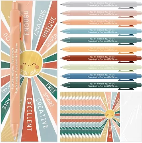 30 Sets Back to School Gifts Bulk Inspirational Boho Smiling Sun Ballpoint Pens with Bookmarks Motivational First Day of School Gifts for Classroom Awards Stationary Party Supplies
