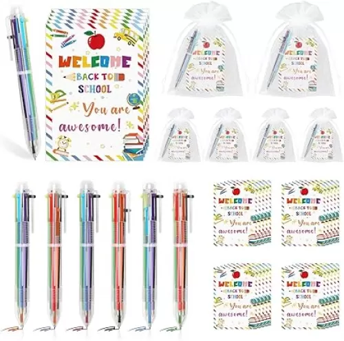 30 Sets Back to School Gifts for Students 0.5mm 6 in 1 Multicolor Ballpoint Pen Inspirational Cards with Organza Bag First Day of School Gifts Goodie Bags for Kids Classroom Reward Party Favor
