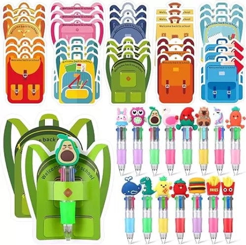 30 Sets Welcome Back to School Student Gifts 4 in 1 Multicolor Ballpoint Pen First Day of School Pens with Gift Card for Kindergarten Teacher Prizes Classroom Party Rewards(Schoolbag)