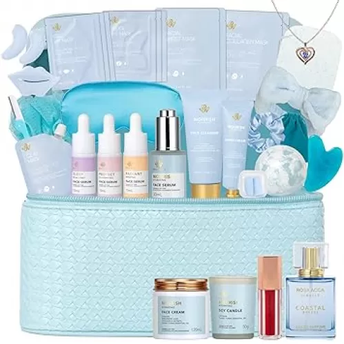 33 Pcs Bath & Body Spa Gift Set for Women, Face Sheet Mask Skin Care Kit, Essential Oil Collagen Mask, Travel Leather Bag, Lip Gloss, Perfume, Face Serum, Christmas, Mother Day, Valentine