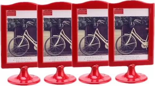 4 Pack Self Standing Photo, Picture Frame Set, Vertical Mount Sign Holders 4x6", Double Sided Tabletop Display, Each Frame Holds 2 Pictures, School, Wedding Party Table Numbers Holder More Colors(Red)