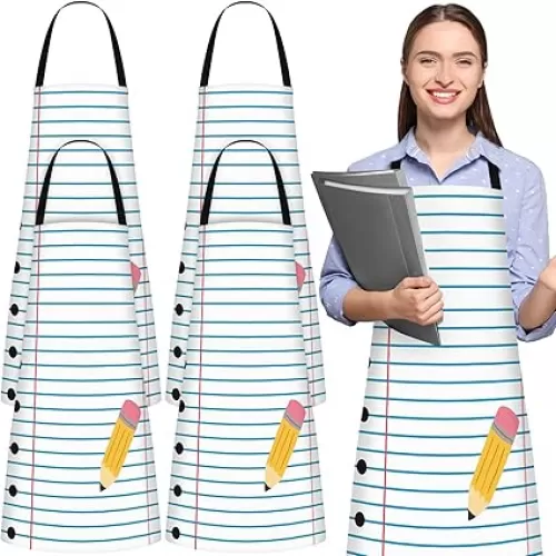 4 Pcs Back to School Teacher Bib Apron Pencil Notebook Line Apron Teacher Appreciation Gifts for First Day of School End of Year Gifts for Painting Class Kitchen Cooking BBQ