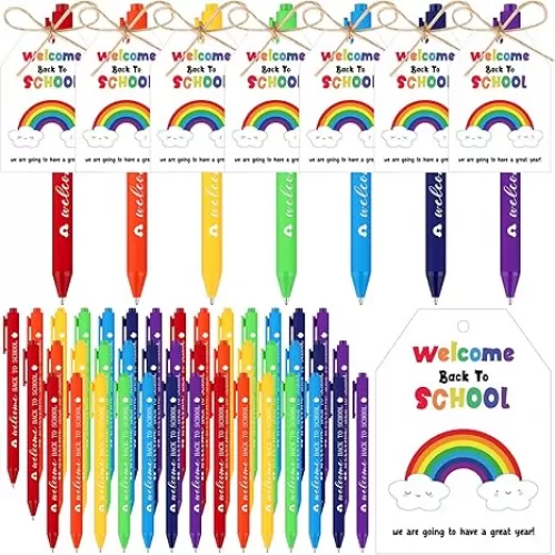 42 Sets Welcome Back to School Gifts Bulk Ballpoint Pens Greeting Cards Set with Rope First Day of School Gift Supplies for Students Teachers Classroom Favors Party Prizes Teacher Appreciation Gifts