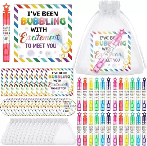48 Set Back to School Gifts for Students Include 48 Mini Bubble Wands 48 Cards 48 Organza Bags and 48 Stickers Bubble Party Favors for School Classroom Goodie Bag Summer Beach Favors