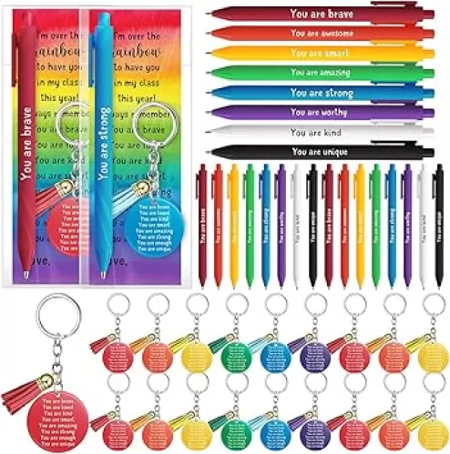 48 Set Motivational Back to School Gifts for Students, Inspirational Back to School Supplies, 8 Rainbow Color Ballpoint Pens with Inspirational Quotes and Keychains for Teacher (Acrylic)