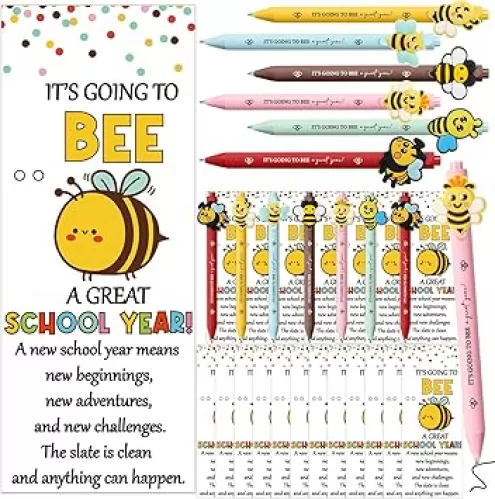 48 Sets Back to School Gifts for Students Bee Pens Bulk First Day of School Stationery Supplies Motivational Pens and Cards with Plastic Ties for Teacher Classroom Party Exchange Gift