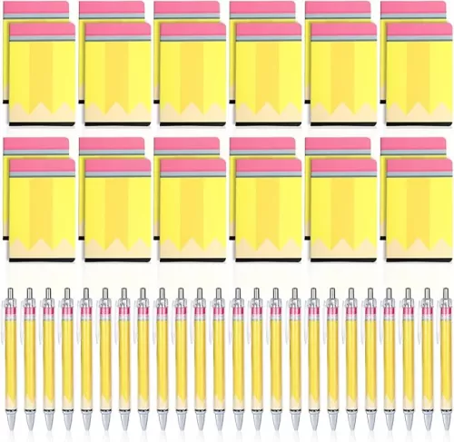 48Pcs Welcome Back to School Gifts Bulk Pencil Theme Glitter Ballpoint Pens Appreciation Notebooks First Day of School Gifts for Students Kids Teachers Nurse Coworker Staff Office Prizes Supplies