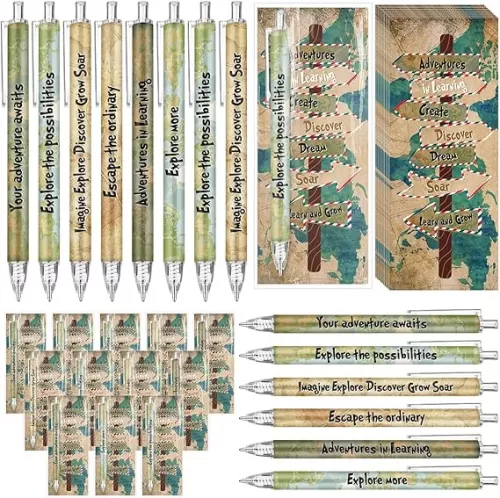 50 Set Adventure Inspirational Gift for Student Explore Learning Adventure Awaits Ballpoint Pen with Map Exploration Bookmark Back to School Classroom Rewards Travel Theme Classroom Decor