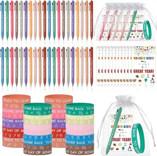 50 Set Welcome Back To School Gifts Bulk Inspirational Ballpoint Pens Bracelets Greeting Cards and Bags, First Day of School Motivational Gifts for Students Teachers Classroom Prizes Supplies