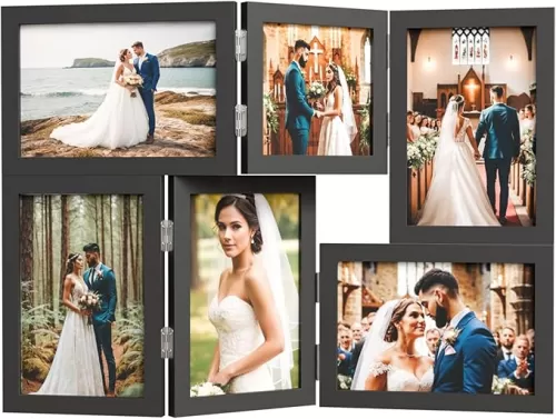 6 Picture Frame, 4x6 Six Folding Hinged Photo Frames, Rustic Wood Desk Family Photo Collage Stand Vertical on Tabletop for Birthday Family Lover Gift (Black)