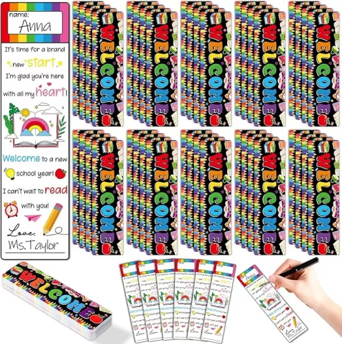 60 Pcs Personalized Welcome Back to School Bookmarks Set Colorful Pencil Book Marks Bulk Positive Student Bookmark from Teacher Reading Rewards Back to School Season Students Gifts Supplies Decor