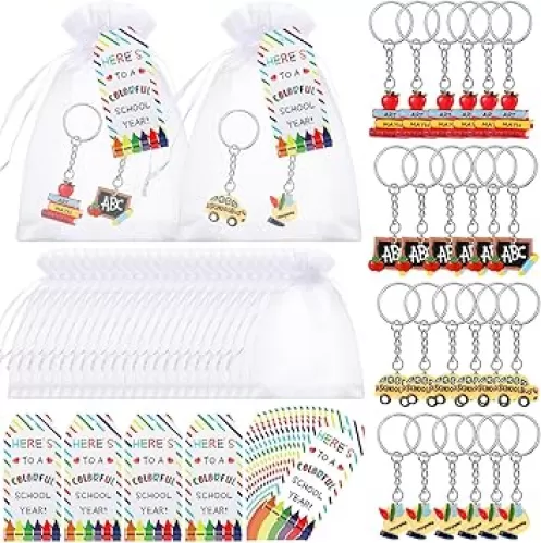72 Pcs 24 Set Back to School Gifts for Students, First Day of School Gifts for Students Keychain Set with Tags and Organza Bags for Classroom Party Favors Goodie Bag Stuffers