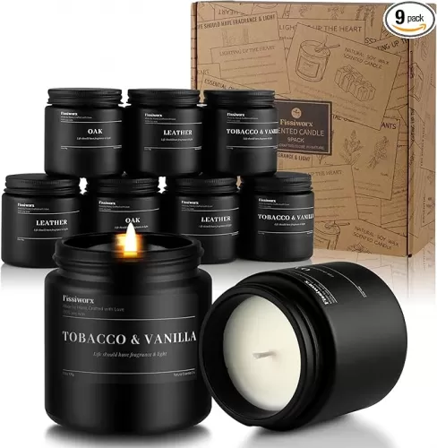 9 Pack Scented Candles Set Gifts for Men, Aromatherapy Candle Set with Scents (Leather/Vanilla/Oak) - Gift for Dad, Boyfriend, Birthday, Father’s Day, Anniversary