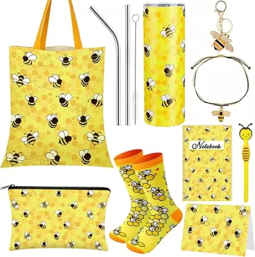 9 Pcs Bee Set Gifts for Women Mother Birthday Gift 20 oz Yellow Bee Coffee Tumbler Makeup Bag Keychain Notebook Pen Bracelet Invitation Card Sock for Teachers Adult Employee Coworker Appreciation Gift