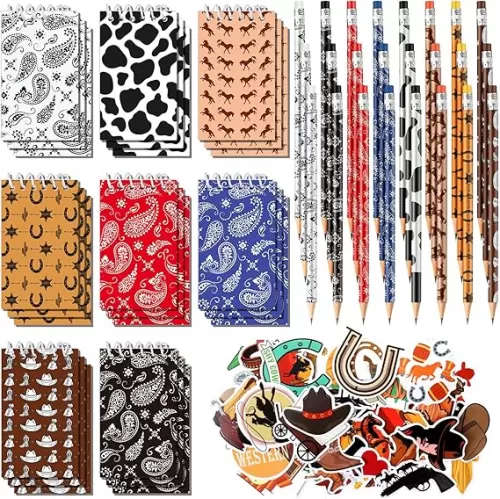 98 Pcs Western Cowboy Notebook Pencils and Sticker for Party Favors Cowboy Horse Theme School Supplies Mini Spiral Notepads for Classroom Reward Back to School Gift Office Home Supplies
