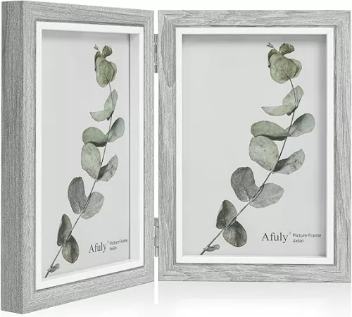 Afuly 4x6 Picture Frame Double Picture Frames 4 by 6 Grey Hinged Photo Frames Modern Wooden Frame Desk Vertical 2 Openings Display Gifts for Chirstmas Wedding Birthday Grandma Women Mom Friends