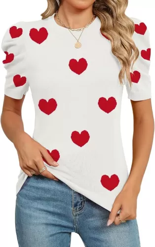 AKEWEI Puff Short Sleeve Sweater for Women Tops Trendy Spring Summer 2025 Business Casual Outfits Knit Crewneck Shirt Blouses