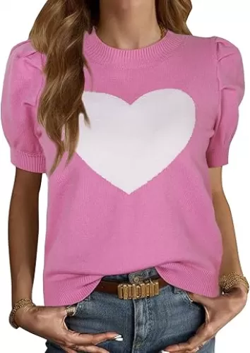 Alsol Lamesa Women’s Puff Short Sleeve Heart Sweater Tops Crew Neck Pullover Lightweight Knit Sweaters