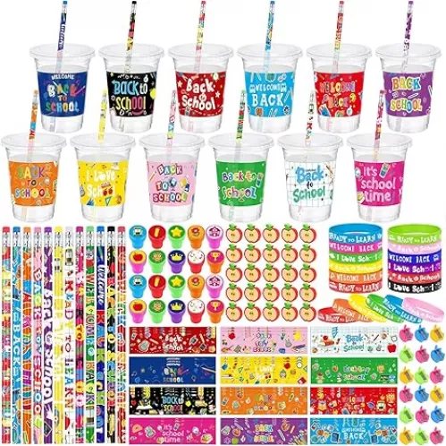 Aneco 288 Pieces 36 Set Back to School Stationery Set First Day of School Cups with Lids Bracelets Pencil Sharpeners Erasers Stamps Cards for Classroom Party Exchange Gift Reward Prizes