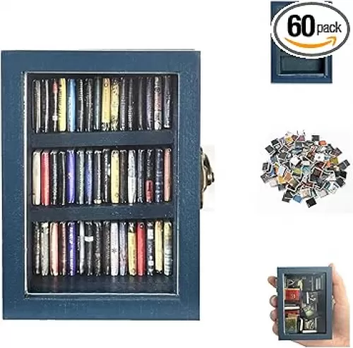 Anxiety Mini Bookshelf Ornament Small Bookshelf Miniature Library with 60pcs Mini Books，Doll House Decor Shake Away Your Anxiety，Home Decoration for Book Lovers