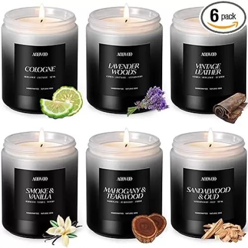 AOOVOO Scented Candles Set - 6 Pack Men Candles for Home Scented, 42 oz Soy Wax, 300 Hour Long Lasting Candle, Soy Candle Gifts Set for Men, Birthday, Valentine, Christmas, Anniversary Present