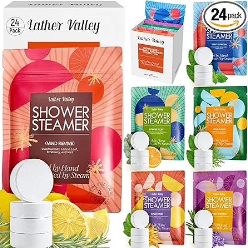 Aromatherapy & Sport Shower Steamers – 24 Pack Shower Bombs with 6 Scents, 100% Pure Essential Oils, Refreshing & Relaxing, Spa & Birthday Gifts for Women, Ideal Summer Self-Care & Father’s Day Gift