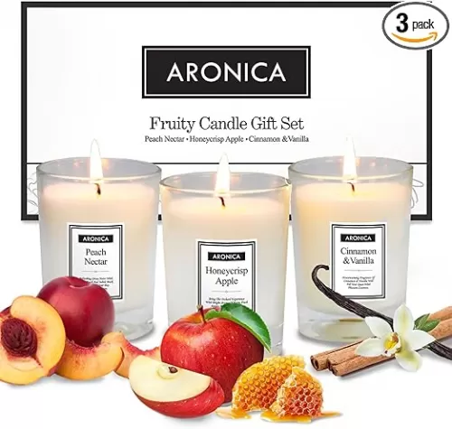 Aronica Fresh Fruity Candles Gift Set - Honeycrisp Apple, Peach Nectar, Cinnamon Vanilla, Baby Shower Game Prizes for Women Friend, Small Fall Scented Bathroom Candles Set for Warmer, Home Decor