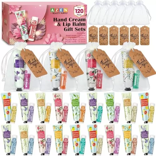 AZEN 120 Sets Bulk Gifts, Hand Cream and Lip Balm Bulk Set with Organza Bag Thank You Card, Baby Shower Wedding Gifts for Guests, Bridal Wedding Favors for Guests, Thank You Gifts for Women