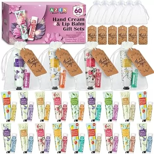 AZEN 60 Sets Bulk Gifts, Hand Cream and Lip Balm Bulk Set with Organza Bag Thank You Card, Baby Shower Wedding Gifts for Guests, Bridal Wedding Favors for Guests, Thank You Gifts for Women
