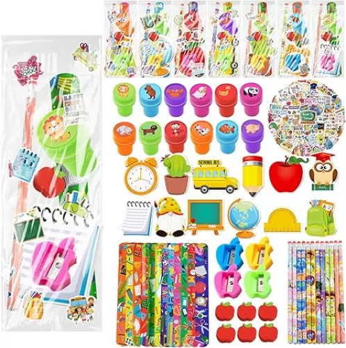 Back To School Party Favors Bulk Back to School Stationery Set for Students First Day of School Party Goodie Bags Pencil Sticker Silicone Bracelet for Goodie Bag Fillers Party Favors Gifts (97Pcs)