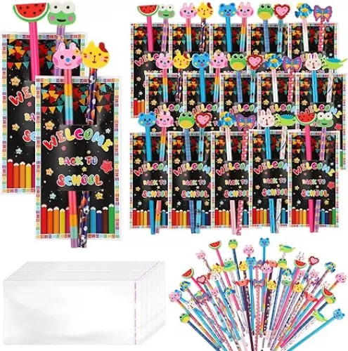 Back to School Supplies Gifts for Students, 48 Pcs Welcome Back to School Pencils with Cartoon Animal Pencil Erasers Toppers, 24 Pcs Cards, 24 Pcs Clear Bags Backk to Schol Stuff First Day of Sch