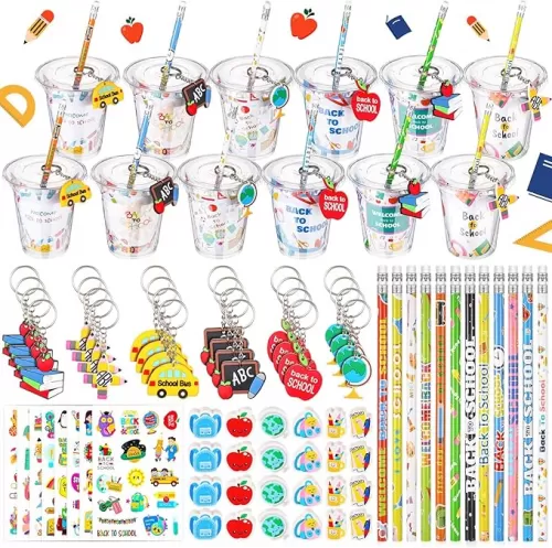 Baderke 144 Pcs Back to School Gifts for Students Party Favors Gift Cups Filler for Kids Supplies, First Day of School Pencil Keychain Eraser for Classroom Rewards Game Prize Stationery Goodie Bags