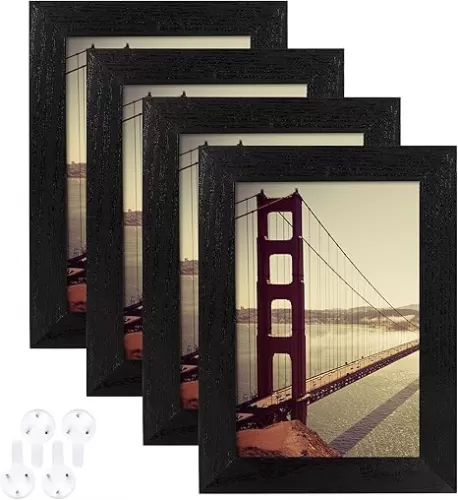 BAIJIALI 4x6 Picture Frame Black Wood Pattern Set of 4 with Tempered Glass, Display Pictures 3.5x5 with Mat or 4x6 Without Mat, Horizontal and Vertical Formats for Wall and Table Mounting