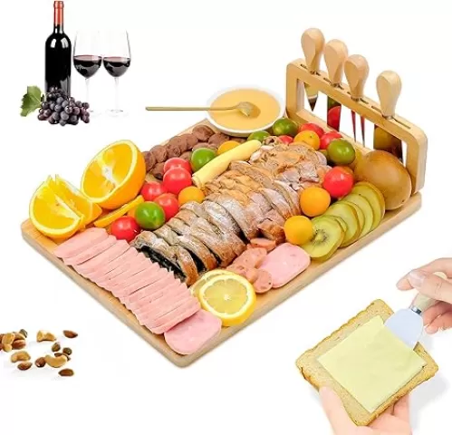 Bamboo Charcuterie Boards Cheese Board Knife Set14‘’x11‘’, House Warming Gifts for New Home Gift for Mom Couples Bridal Shower Bridesmaid Gifts (13 x 10 x 0.59 inches)
