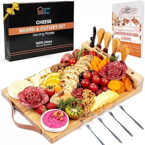 Bamboo Charcuterie Boards Gift Set with Leather Handles, Knife Set, Wine Opener, Ceramic Bowls & Forks, Recipe Book - House Warming Gifts New Home