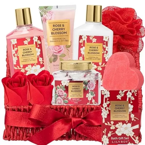 Bath and Body Gift Basket Set for Mothers Day - 9 Pcs Luxury Rose Spa Gift Basket Set for Women, Gift with Bath Bomb | Perfect Valentine
