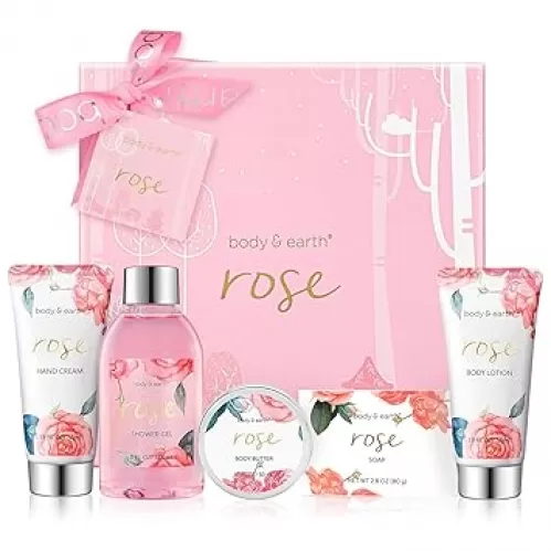 Bath and Body Gift Set for Women, Body & Earth 5 Pcs Rose Spa Gifts for Women, Self Care Kit, Lotion Set for Her, Mothers Day Presents for Mom