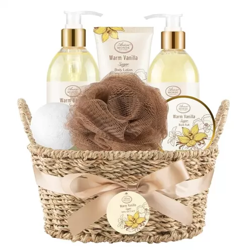 Bath and Body Warm Vanilla Sugar Spa Gifts for Women, with Shower Gel, Bubble Bath, Body Lotion, Bath Bomb, Bath Salt, Spa Basket Gift Set for Women, 7pcs Set Gifts